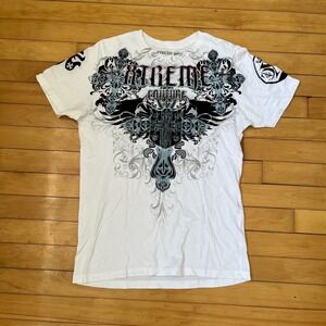 Xtreme Couture Affliction Mens White Graphic T-Shirt Cross Silver Foil Small